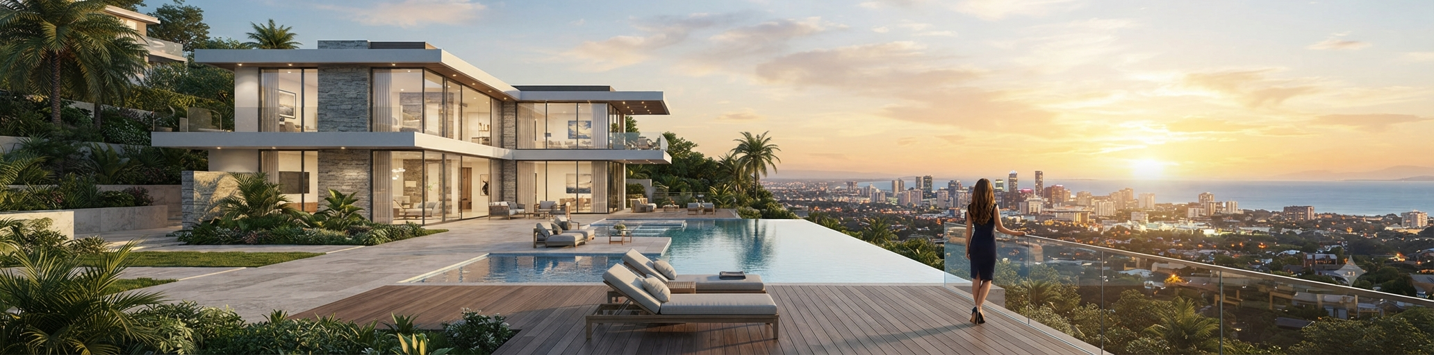 Luxury modern home with expansive glass windows and a pool at dusk